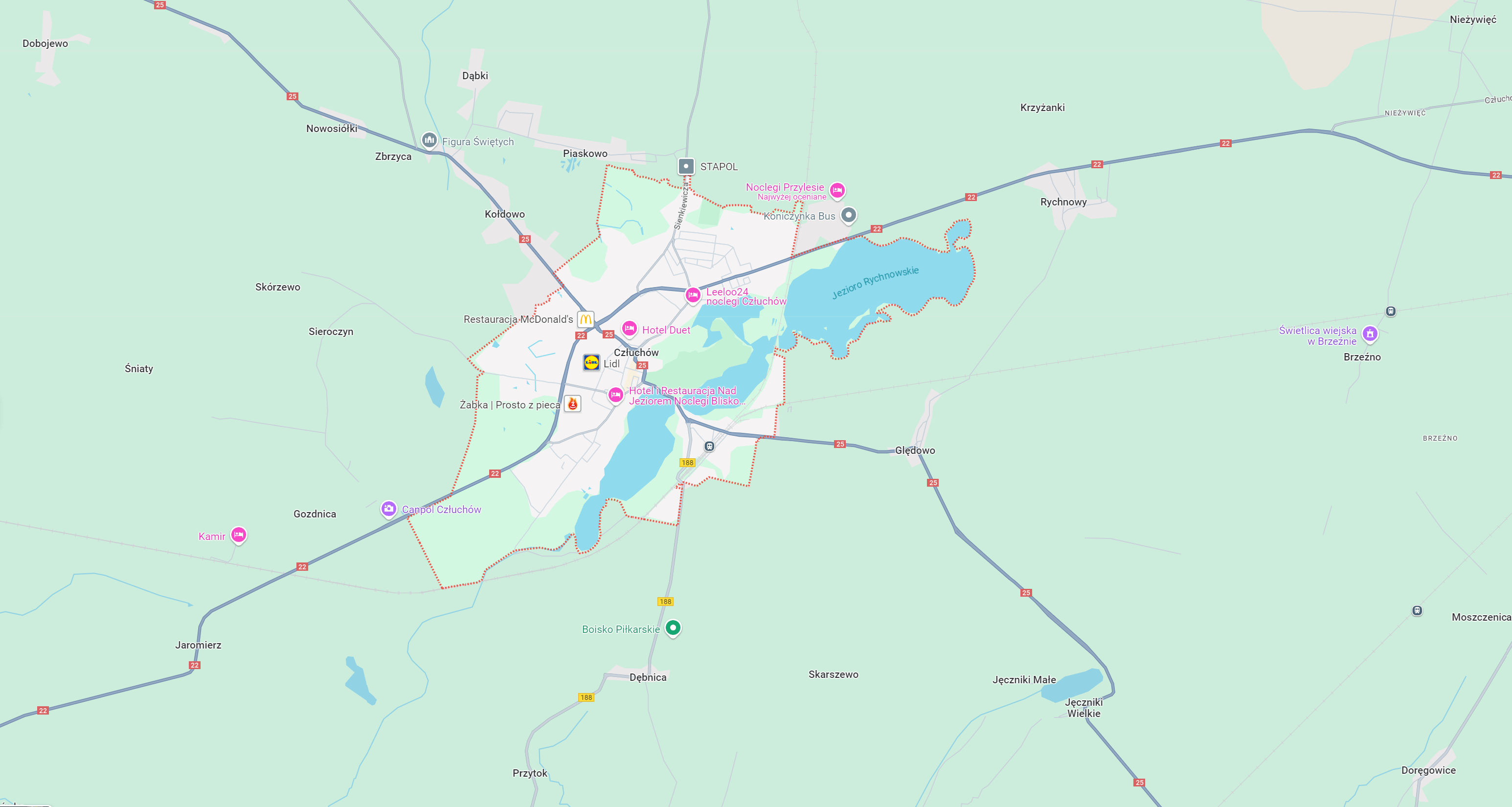 Mapa miejscowości Człuchów z okolicznymi drogami i jeziorami, pokazująca punkty usługowe, takie jak hotele i restauracje. Obszar otaczający miasto ilustruje lokalne trasy, w tym główne drogi łączące regiony. Idealne dla turystów planujących podróż do potencjalnych stacji, w tym myjni bezdotykowych.