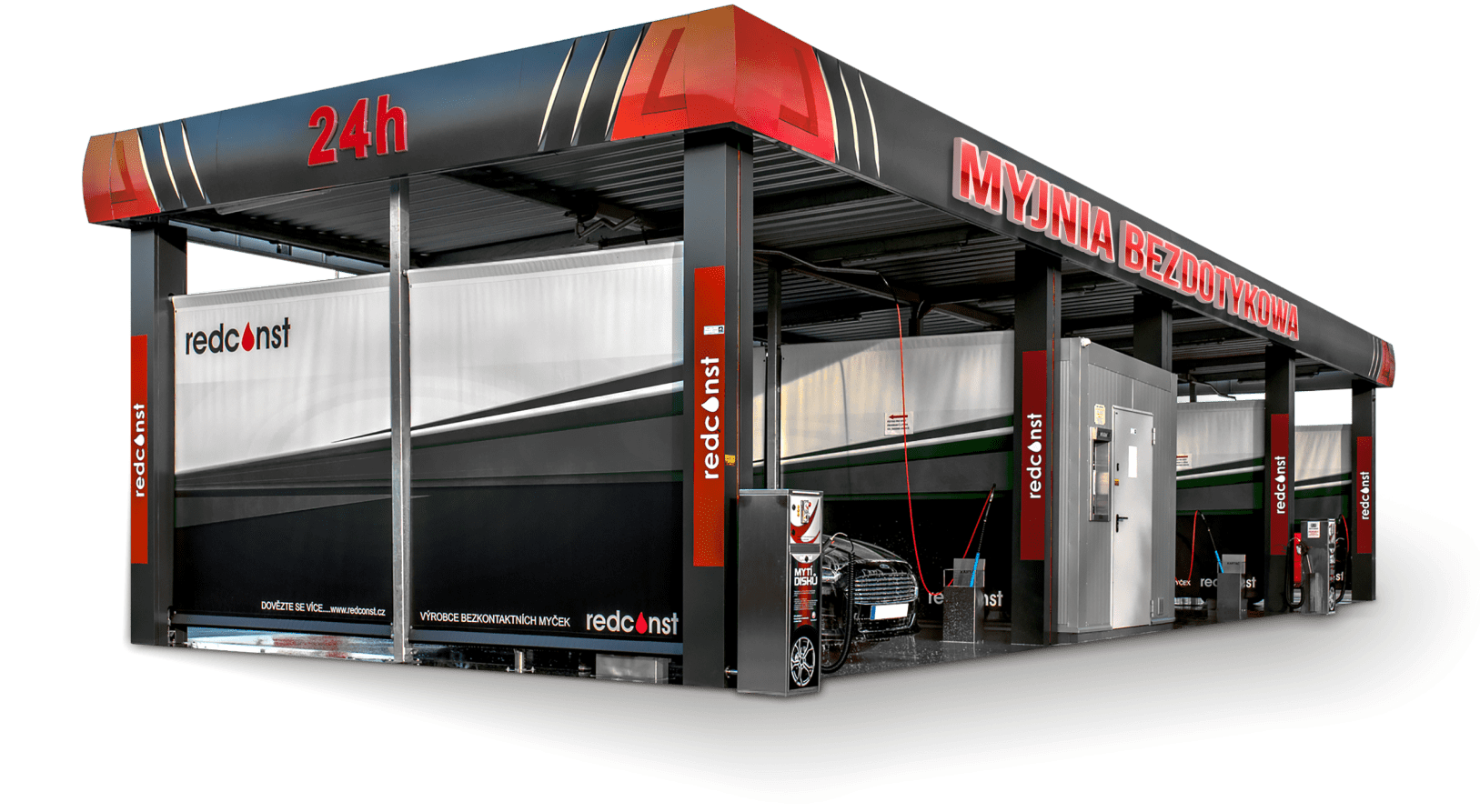 Myjnia bezdotykowa czynna 24h, z logo "redconst" na ściankach. Widać stanowiska do mycia pojazdów, nowoczesne urządzenia i estetyczne wykończenie całego obiektu, co podkreśla nowoczesny charakter usługi. Idealna dla osób szukających wygodnych rozwiązań mycia auto.