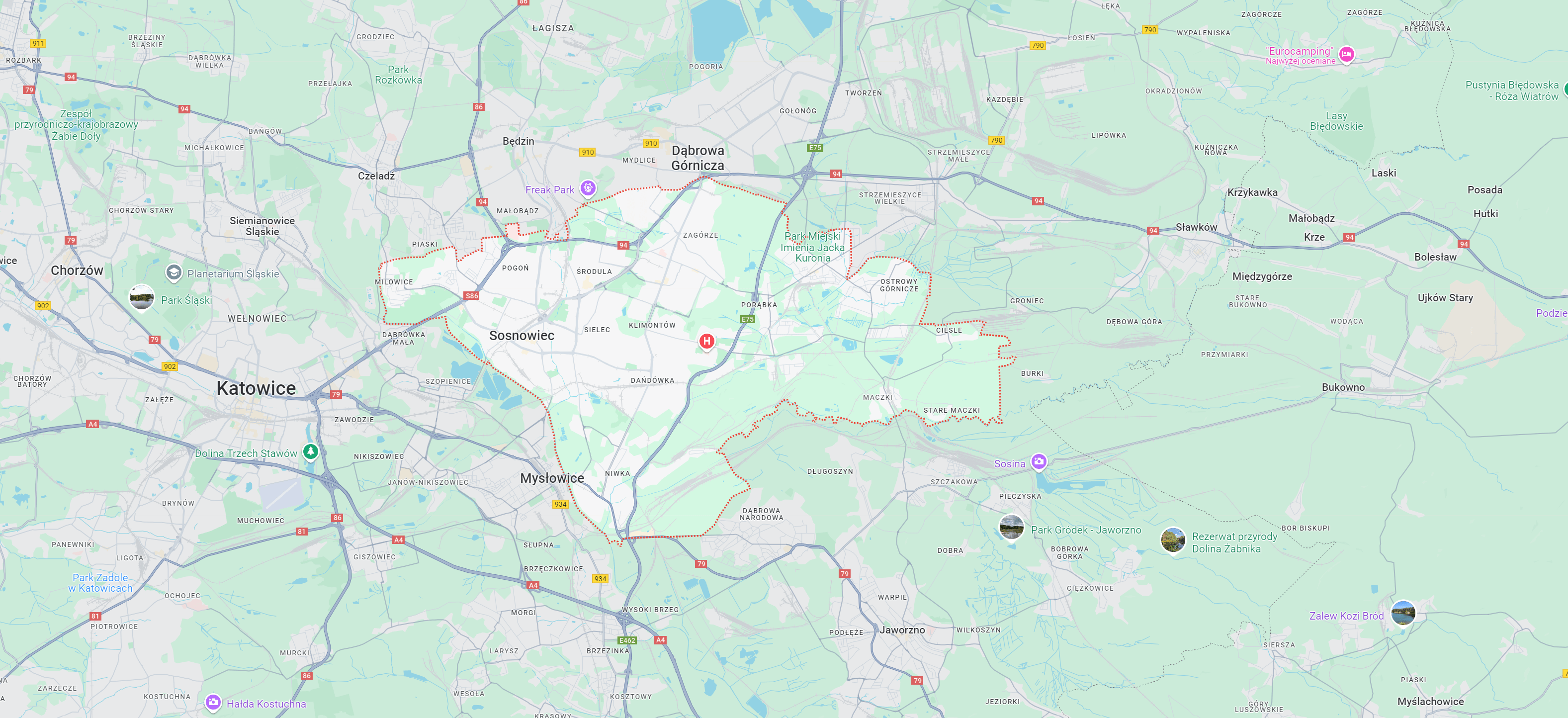 Mapa regionu Siemianowice Śląskie, z okolicznymi miejscowościami takimi jak Katowice, Sosnowiec i Dąbrowa Górnicza, pokazująca główne drogi i punkty interesu, idealna dla poszukujących lokalizacji myjni bezdotykowych w okolicy.