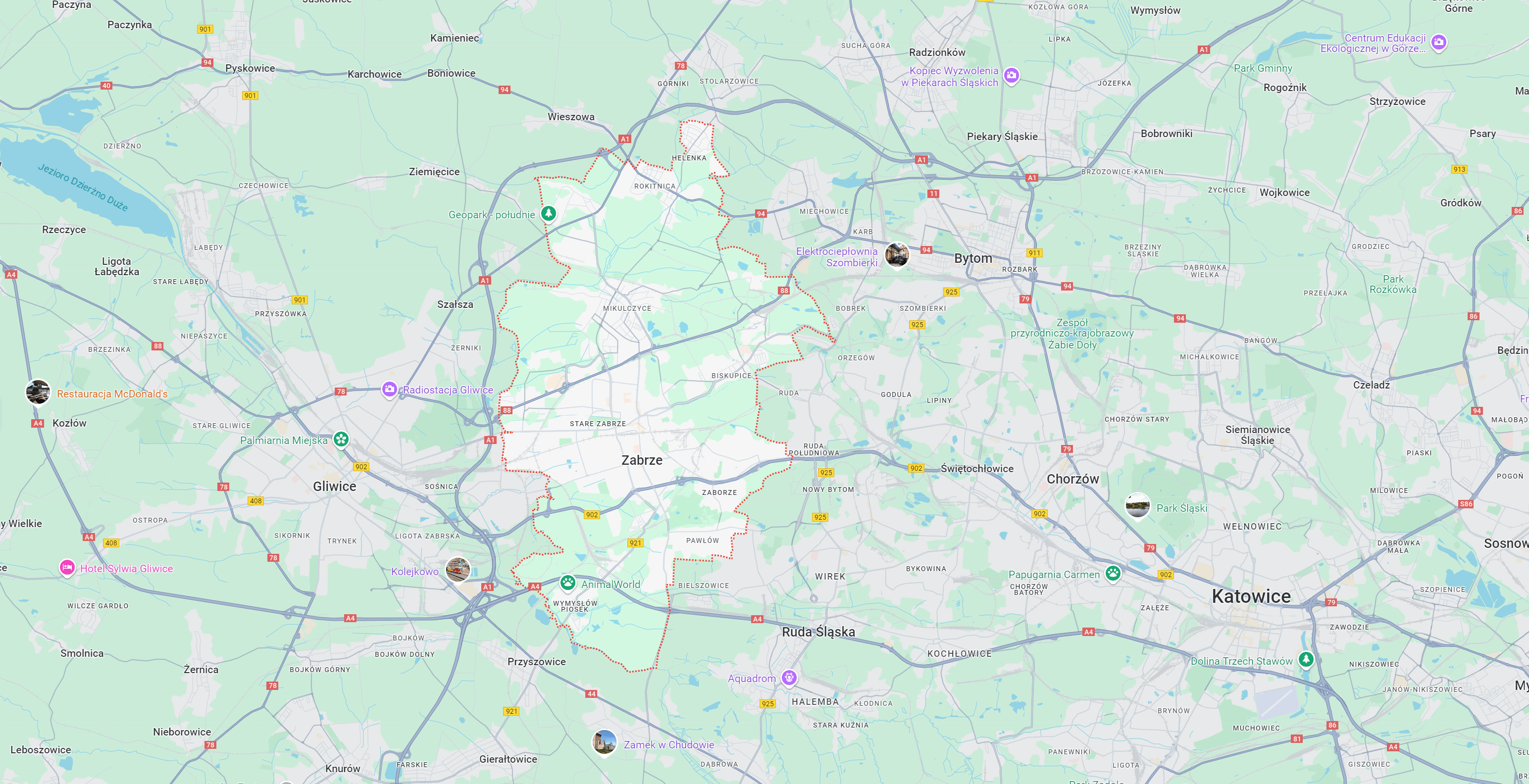 Mapa obszaru Górnego Śląska, przedstawiająca drogi, miejscowości i punkty charakterystyczne takie jak Zabrze, Gliwice i Katowice. Użyteczna dla odwiedzających region, interesujących się myjniami bezdotykowymi i lokalnymi atrakcjami.